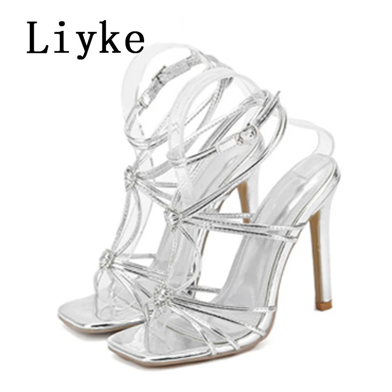 Liyke Summer Blue Denim Sandals Women Elegant Square Toe Party Wedding High Heels Crystal Buckle Narrow Band Female Dress Shoes 250526