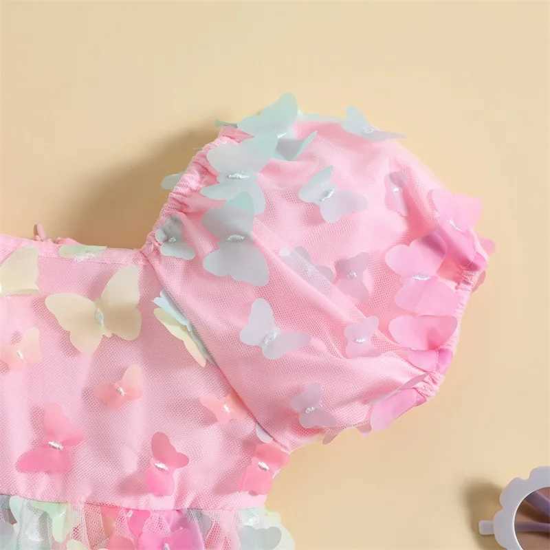 VISgogo Baby Girls Princess Dresses Short Puff Sleeve 3D Colorful Butterfly Tulle A-line Dress Kids Summer Casual Dress X250528