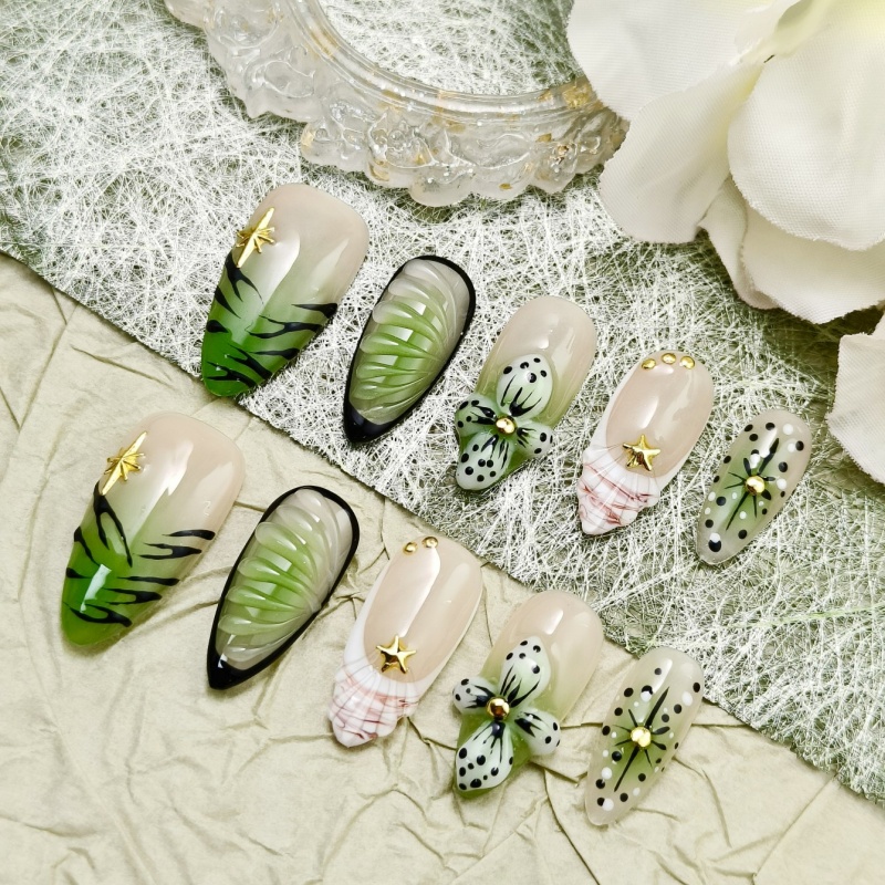10pcs 3D Flowers Handmade Press-on nails Medium Almond Nails Bundle Vibrant Green 3D Handraw Star Finished nail stickers Free storage box jelly glue n