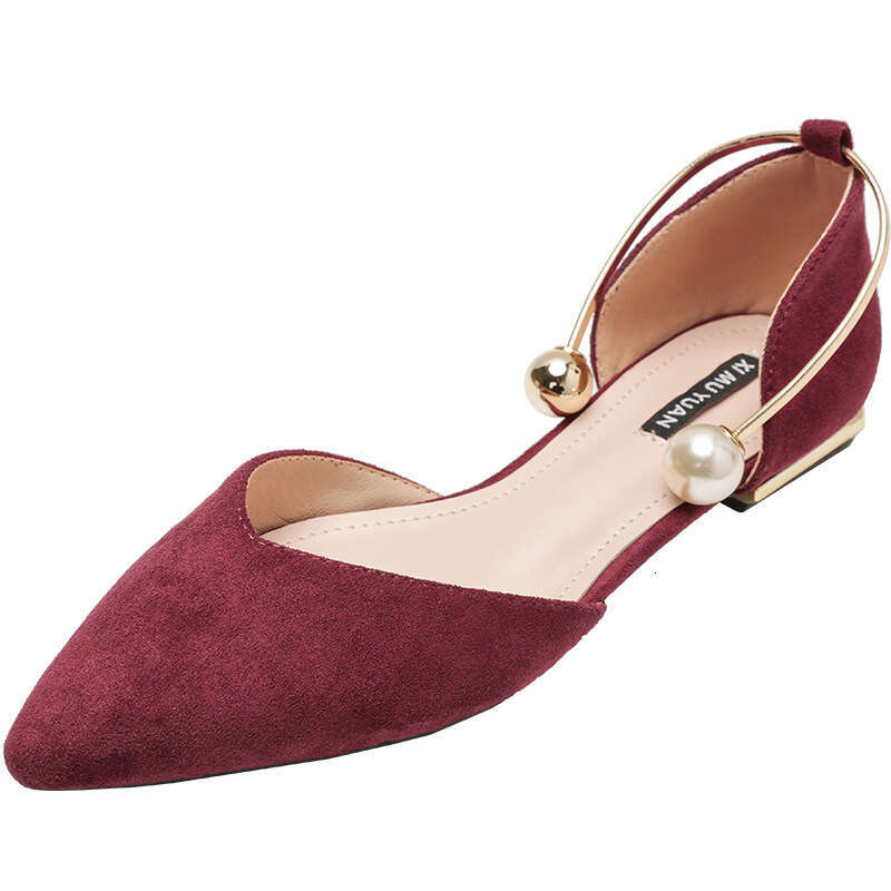 2025 Hot Hot Spring New Single Women's Pearl Ring Metal Heel Hollow Pointed Shallow Mouth Flat Bottom Shoes