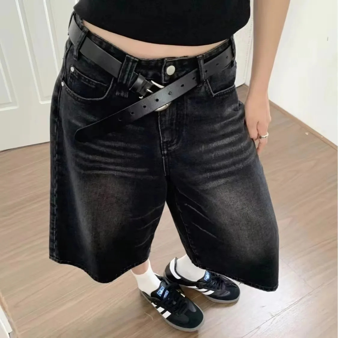 QWEEK Y2k Baggy Vintage Jort High Waist American Streetwear Wide Leg Knee Length Jeans Casual Loose Summer Denim Shorts 250516Z