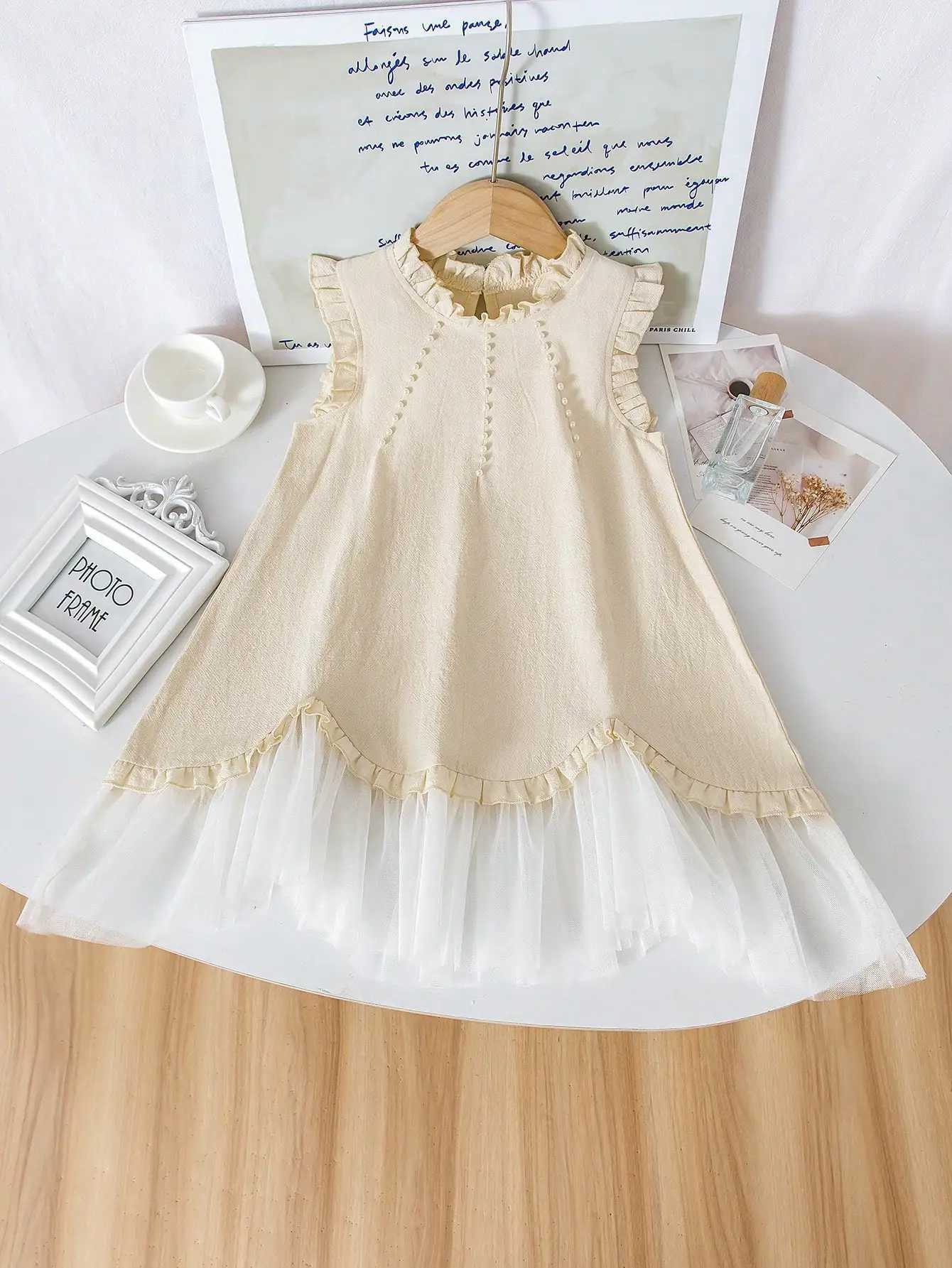Girls Beige Mesh Dress Boho Mock Neck Ruffle Hem for Party/Photo Shoots Ages 4-7 Spring-Summer X250528