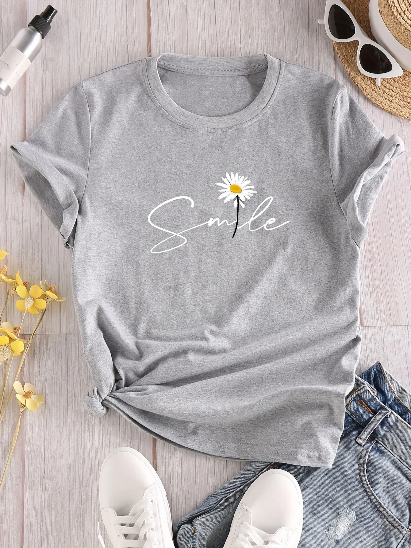 Flower Letter Print Crew Neck TShirt Casual Short Sleeve for Summer Womens Clothing Comfortable Soft Creative Tops 250517