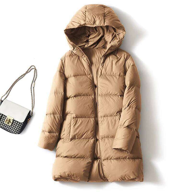 Schinteon Women Ultralight White Duck Down Jacket with Hood New Autumn Winter Warm Casual Outwear Solid Color Simple Coat