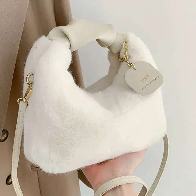 Faux Fur Plush Handbags Ruched Handle Small Lady Shoulder Crossbody Bag Casual Tote Half-Moon Hobos Winter Bags for Women