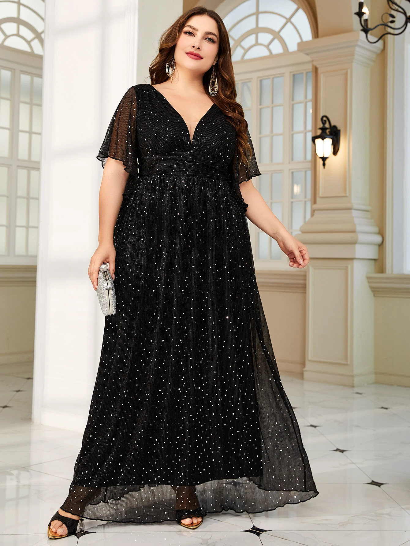 Unithorse Plus VNeck Waist Ruched Floral Sleeve Glitter Sequin Dress 250517