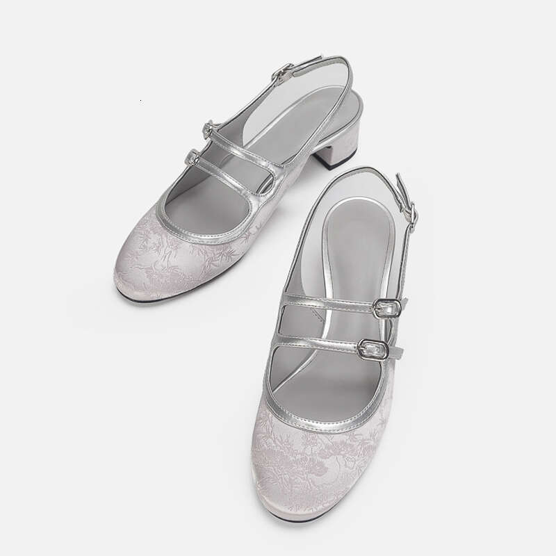 French Style Niche Chunky Sandals for Women 2024 Spring New Mid Heel Open Back Embroidered Double Strap Mary Jane Shoes