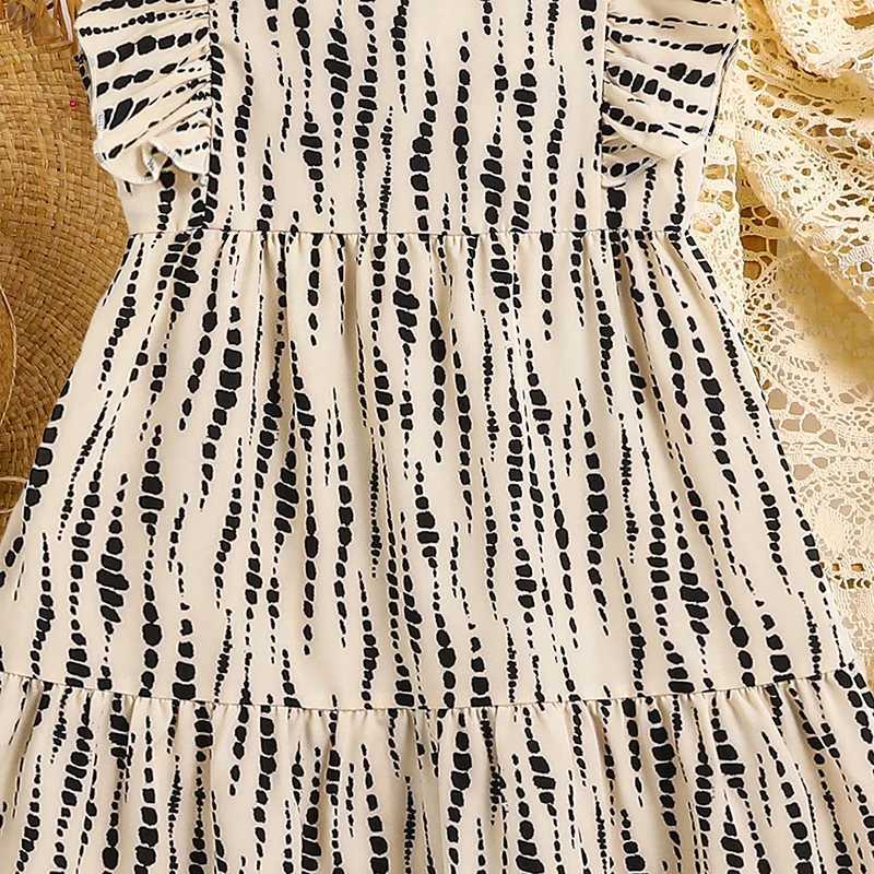 2025 New Summer Kids Clothing Beige Striped Square Neck Wing-Sleeve A-Line Dress For Girls Korean Style Daily Casual Set X250528