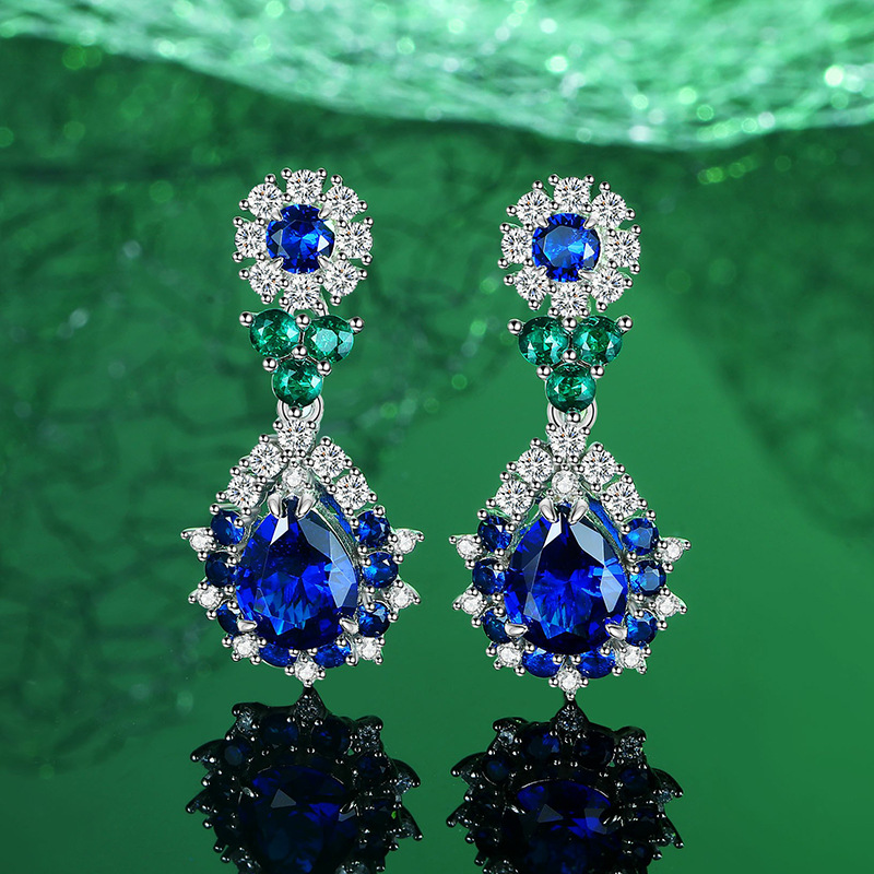 S925 Sterling Silver Pigeon Blood Red and Blue High-End Waterdrop Pear-Shaped Earrings, Luxury Handmade Earrings for Parties