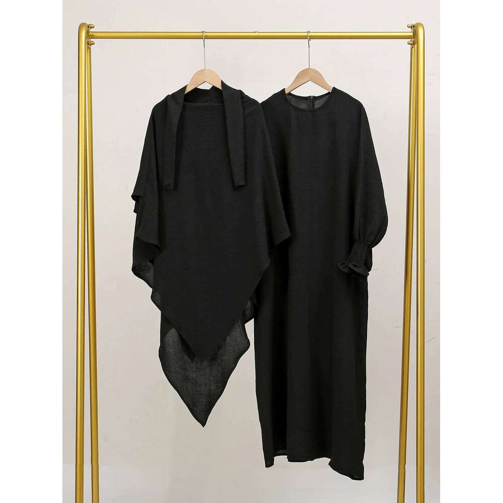 Middle Eastern Women's Two-Piece Set New Single Layer Headscarf Pleated Sleeves Long Robe Fashion Ice Silk Wrinkled
