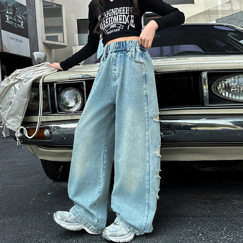 Street Stylish Kids Child Wide Leg Distressed Ripped Jeans with Side Holes for Girls Destroyed Denim Pants Trousers Age 514 250528