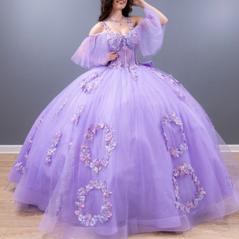 Lavender Shiny Quinceanera Dresses Off Shoulder Ball Gown Sweet 16 Dress Beading Applique Lace Tull Birthday Party Vestidos 15 Anos
