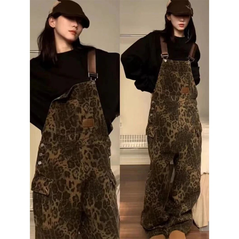 MEXZT Vintage Denim Jumpsuits Women Streetwear Leopard Wide Leg Jeans Overalls Y2K Korean Baggy Suspender Pants Casual Trousers 250523