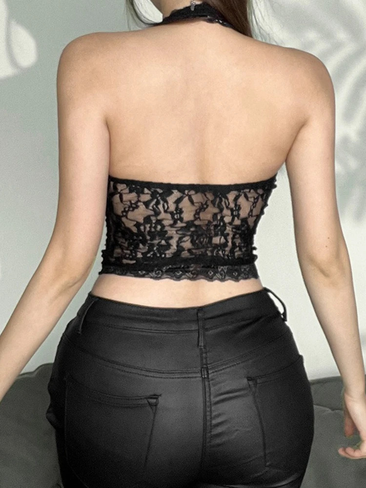 AltGoth Aesthetic sweet Gothic Lace Vest Women Y2k Vintage Dark Sexy See Through Lace Trim V-neck Halter Crop Tan Tops Female 250523