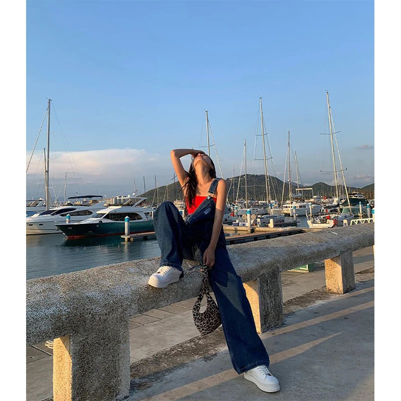 MEXZT Denim Jumpsuit Women Streetwear Baggy Overalls Fashion Pocket Wide Leg Suspender Pants Korean Straight Jeans Trousers 250523