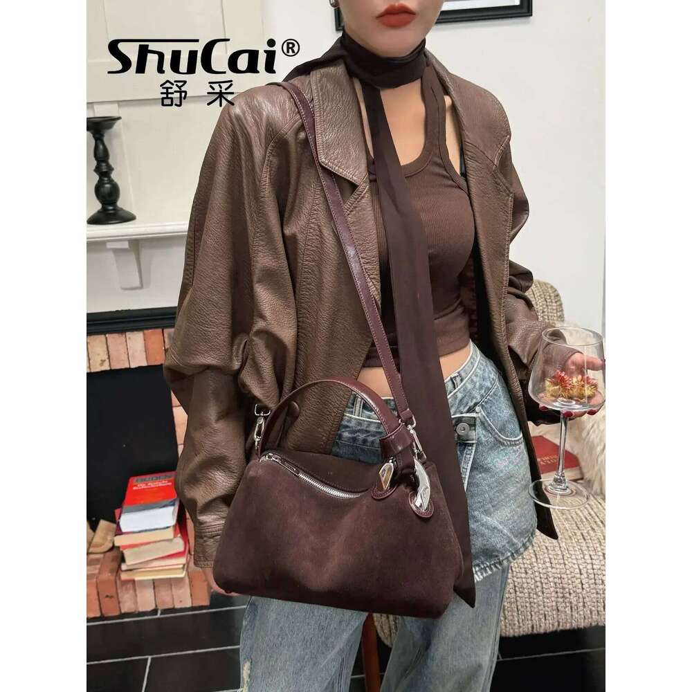 Ladies Matte Suede Leather Pillow Tote High Quality Women Brown Coffee Handbag Winter Autumn Female Shoulder Crossbody Bag Red