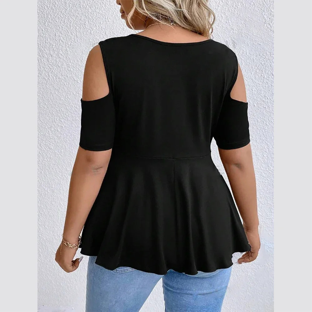 Womens Plus Size Sexy OffShoulder Blouse Solid Ruched Short Sleeves Pullovers Irregular Hem Female Summer Casual Shirts 250519