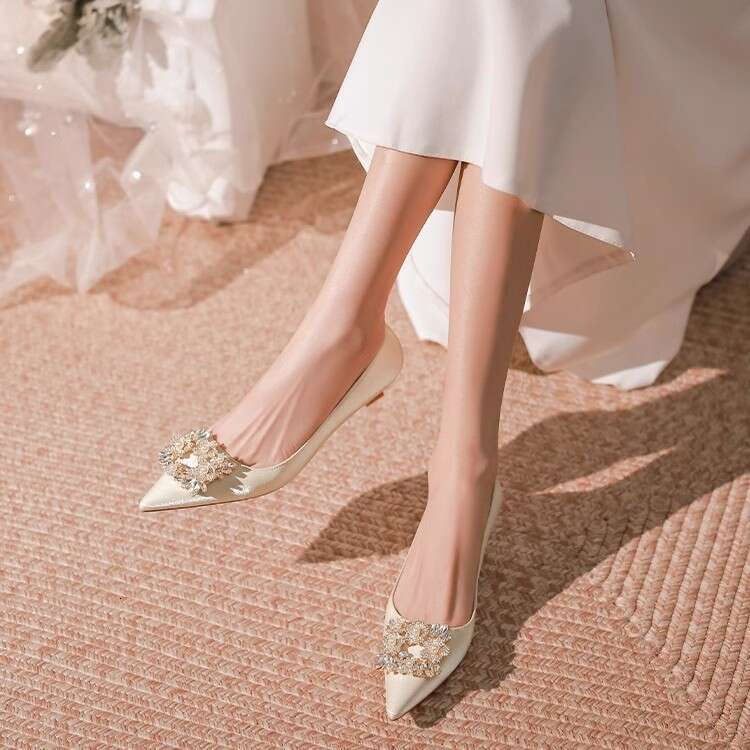 French Style Elegant Socialite Pointed Toe Low Heel for Women Bridesmaid Dress Comfortable Wedding Shoes