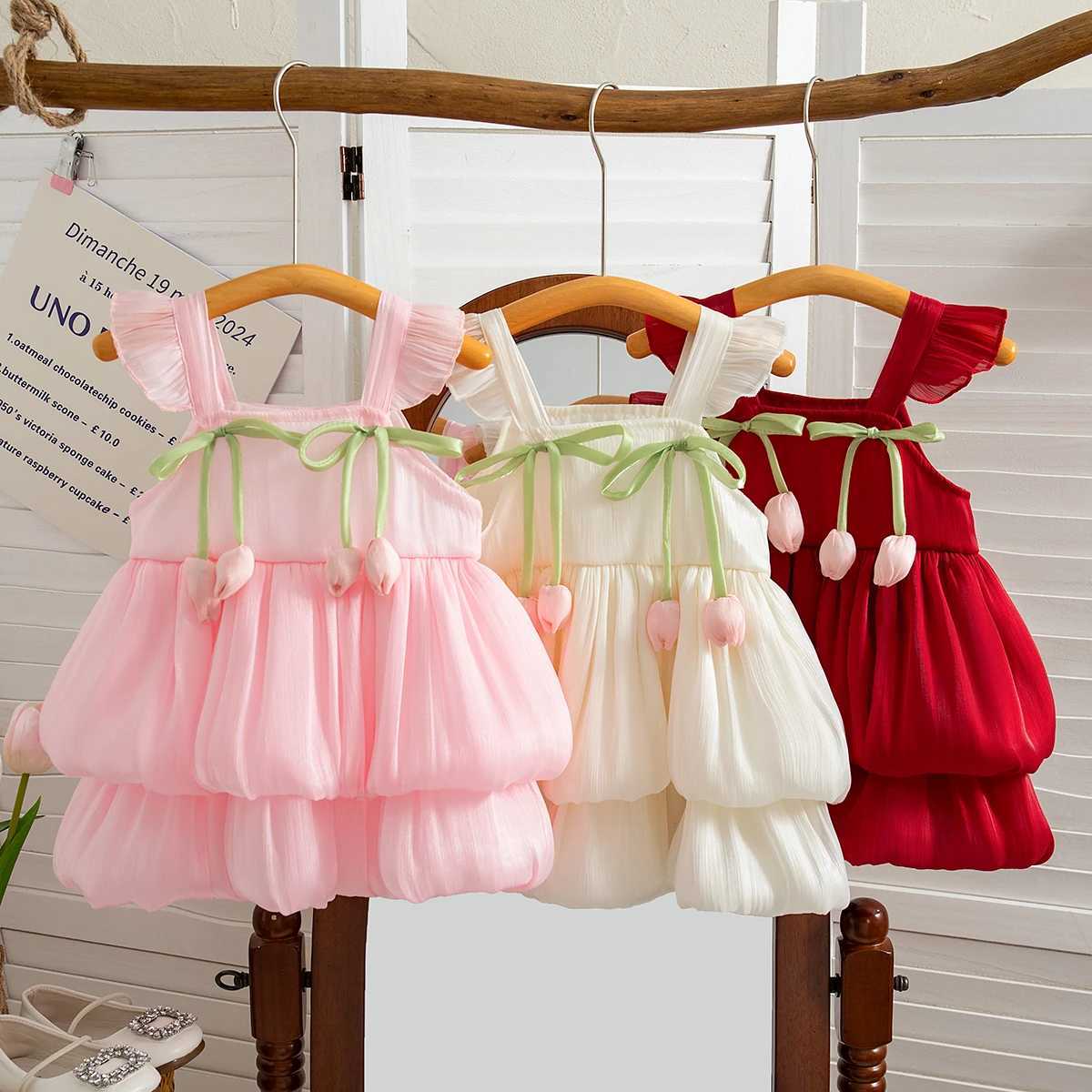 Summer New Style Two Tulip Suspender Flower Bud Skirt For Girls Aged 0-3 Double Layered Flying Sleeve Solid Color Dress X250528