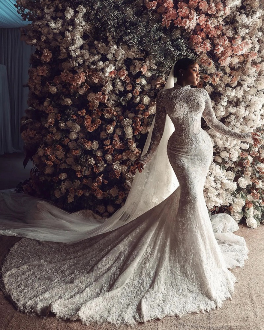 Vintage Mermaid Chart Wedding Dress high neck fulllace long sleeves plus size wedding dresses Bridal Gowns button back sweep train lacefull robe de ma