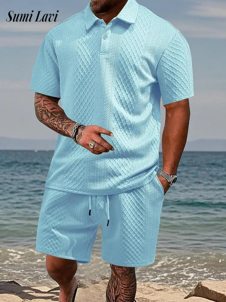 2025 Summer Casual Mens Two Piece Sets Fashion Button Lapel Short Sleeve Polo Shirt And Shorts Outfits Men Vintage Texture Suits 250522