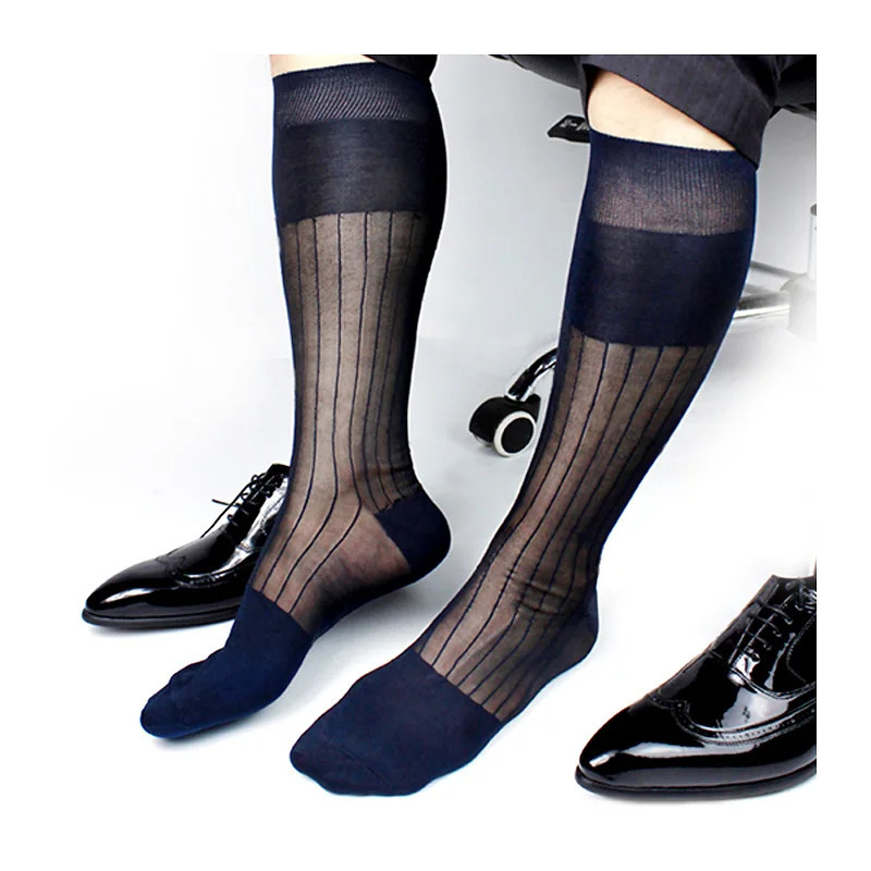 Super Quality Men TNT Nylon Silk Socks Sheer Formal Dress Socks Sexy Gay Transparent Stripe Business TNT Socks 250527
