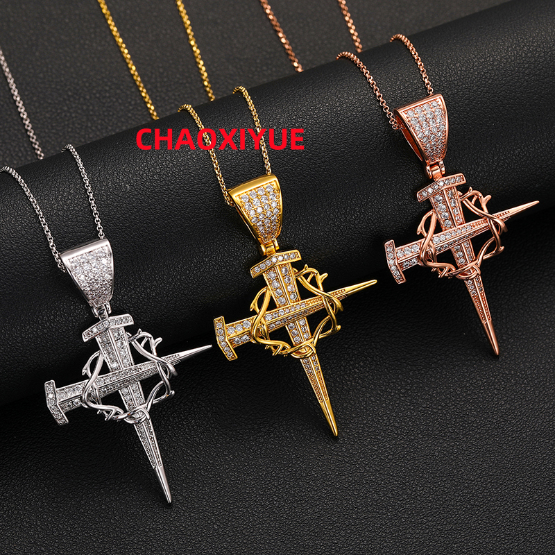 Hip Hop 925 Sterling Silver VVS Moissanite Nail Cross Pendant 18K Gold Plated Diamond Hip Hop Cross Pendant Necklace