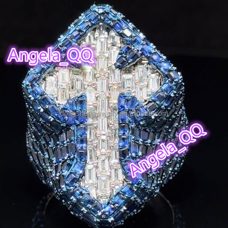 Luxury Custom Jewelry Hip Hop Vvs Moissanite Diamond Ring Bling Iced Out Hip Hop 925 Silver Moissanite Blue Ring for Mens