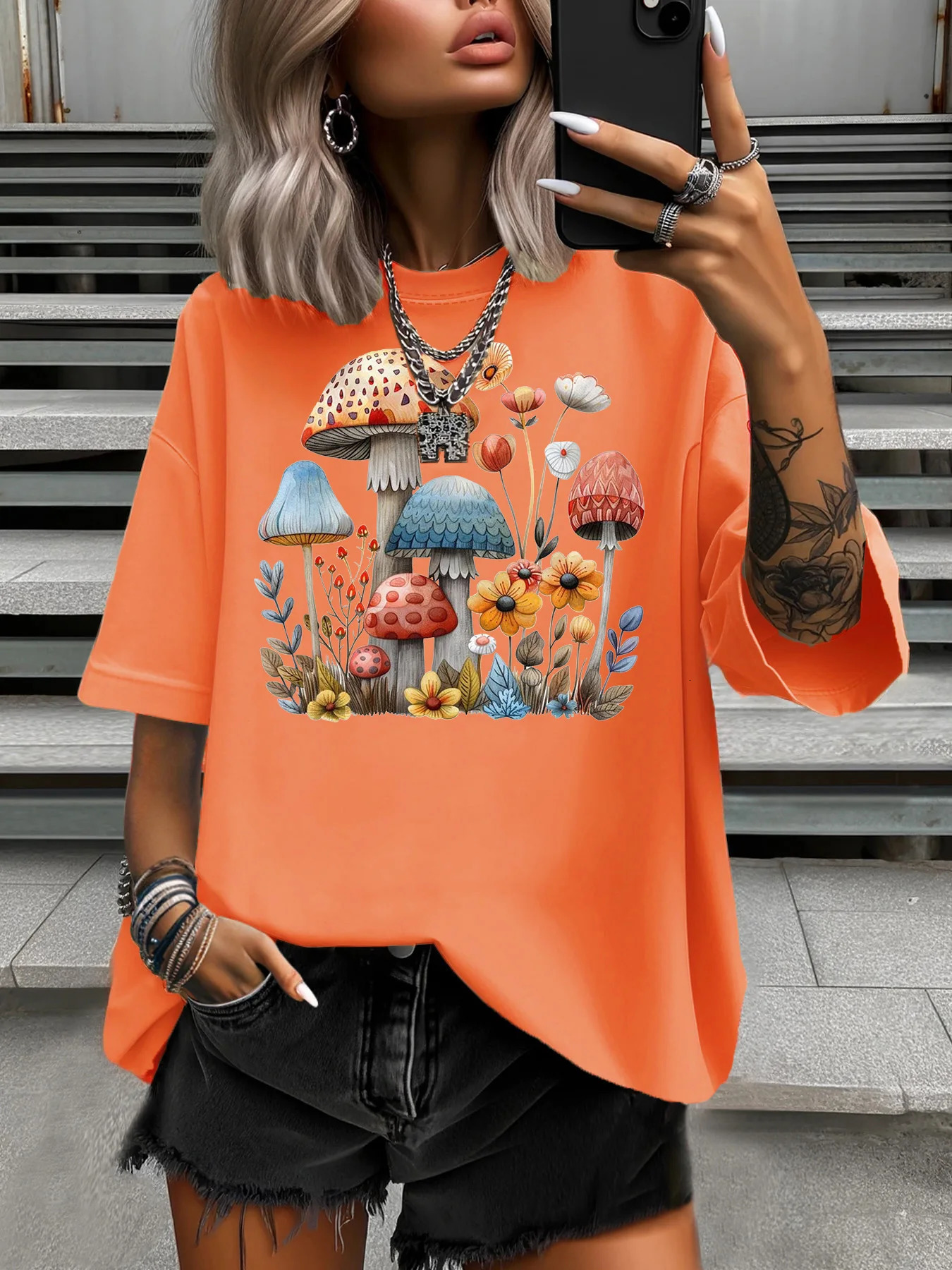 Womens Plus Size TShirt Original n Fashion Mushroom Garden Pattern Printed Casual Round Neck Short Sleeved Tops 250519