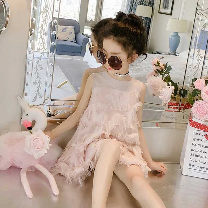 Summer Girl Dress For Very Elegant Party Trend Feather Princess Evening Dress Young Children Clothes 3 To 13 Years Kids Costume X250528