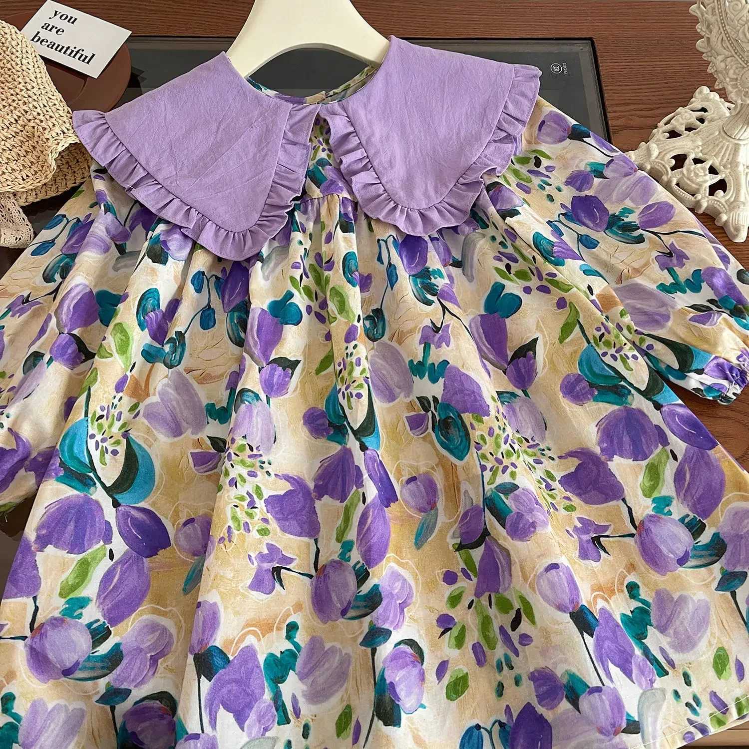 Girls Casual Dresses Purple Flower Print Lace Lapel Puff Sleeves and Long Sleeves Flower Party Dress for Kids Girl 2 To 7 Years X250528