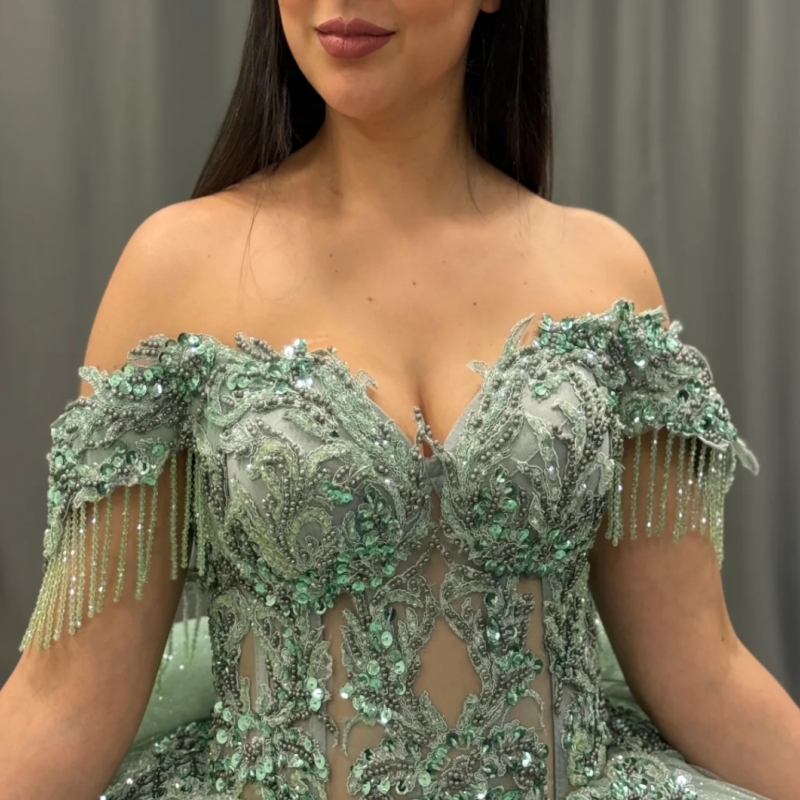 Mint Green Shiny Quinceanera Dresses Ball Gown Off The Shoulder Applique Lace Beading Crystal Bow Tiered Tull Party Birthday Sweet 16 Dress Vestidos 1