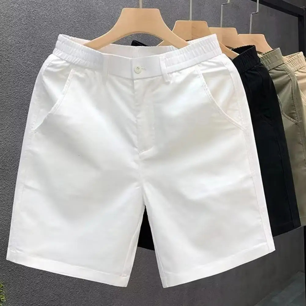 Men Elastic Waist Shorts Mens Summer Casual Shorts Mid-rise Elastic Waistband Beach Shorts Solid Color Straight Wide Leg Loose 250527