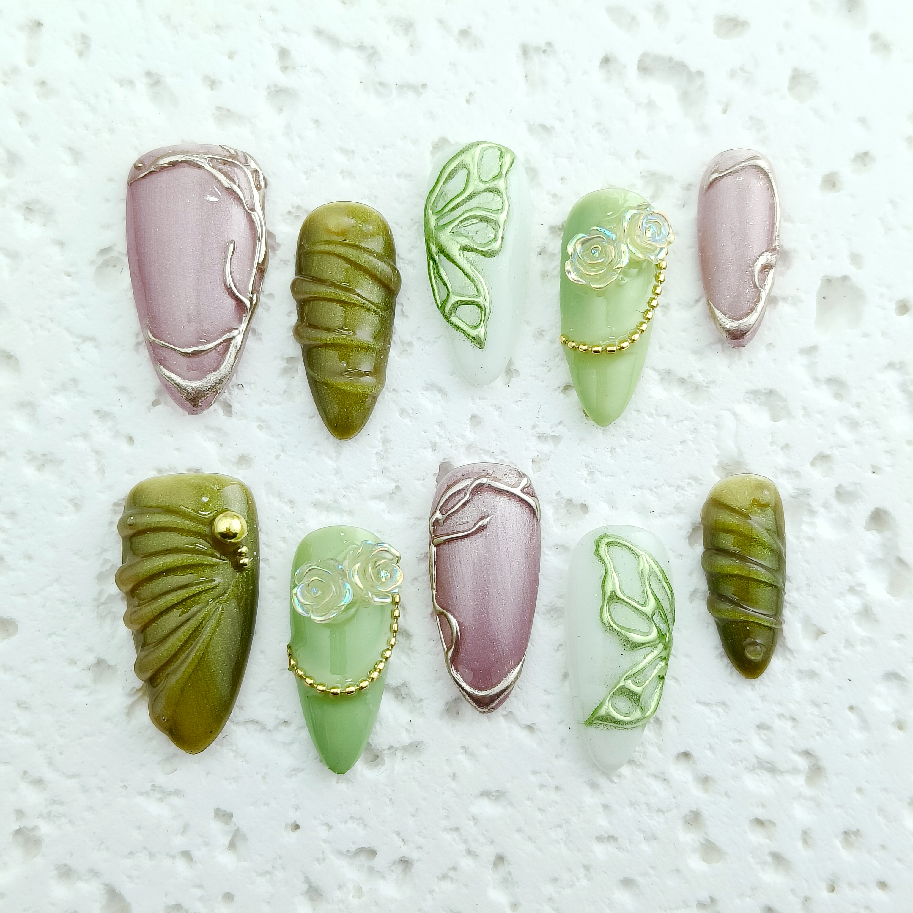 10pcs 3D Handrawn Handmade Press-on nails Medium Almond Nails Fake nails Bundle 3D Flwoers Butterfly Finished nail stickers Free storage box jelly glu