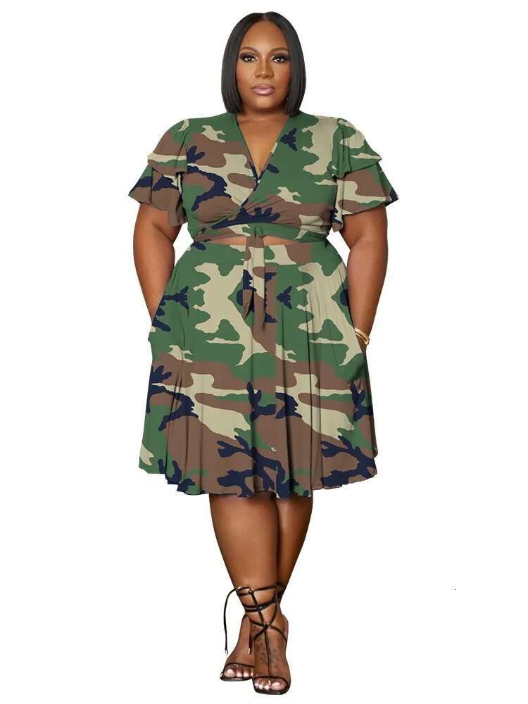 Plus Size Shorts Sets Casual V Neck Crop Top and Short Skirts Two Piece Women Matching Outfits Wholesale Dropshipping