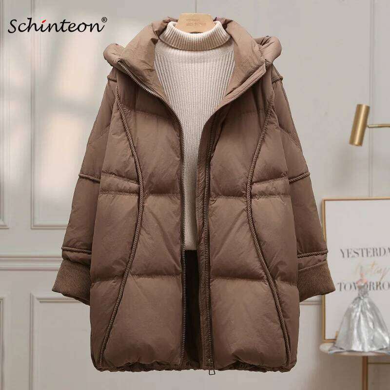 Schinteon Women White Duck Down Jacket with Hood Autumn Winter Warm Over Size Outwear Korean Style High Quality Coat 2025 New