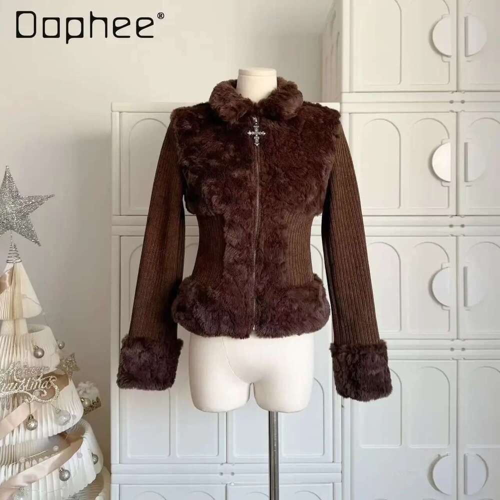 Brown Vintage Lapel Fur Coats Cross Zipper Fluffy Long Sleeve Slim Splicing Jacket for Women Retro Y2k Casual Street Fashion