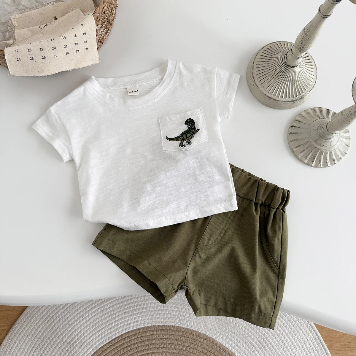 Baby Girls Boys Clothes Set Embroidery of Little Dinosaurs Casual Pure Cotton TshirtLoose Shorts born Summer Suit 250528