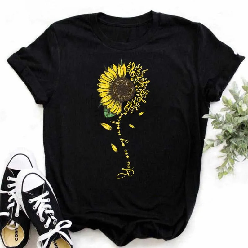 Maycaur Womens Tshirt Casual Kawaii Sunflower Butterfly Pattern Print Comfortable Clothing Black Top 250517