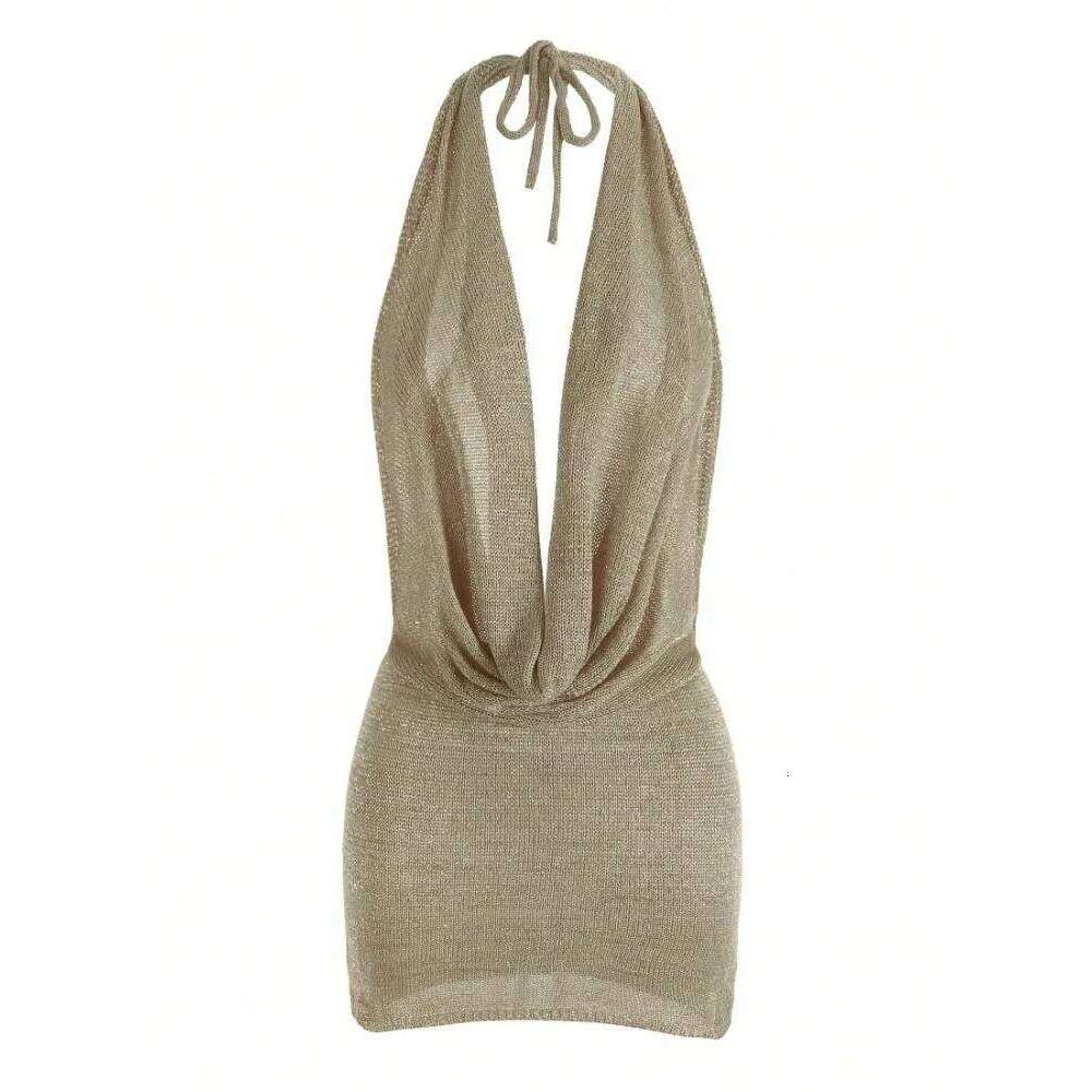 2025 Women Solid Colour Sexy Stacked V Neck Sleeveless Backless Knit Beach Mini Dress Summer Swimsuit Cover Up Party Outfit K145