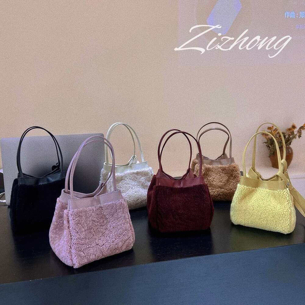 for Women New Genuine Leather Plush Niche Cute Lamb Wool Bucket Autumn Winter Fashion Handbag Shoulder Bag
