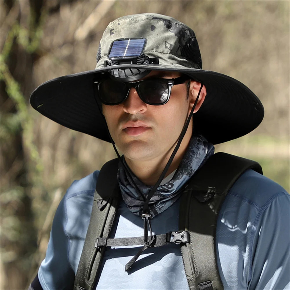 Summer Solar Fan Hat Outdoor Camping Fishing Hiking Sunscreen Fisherman Hats Men Women Brim Uv Waterproof Bucket Cap 250526
