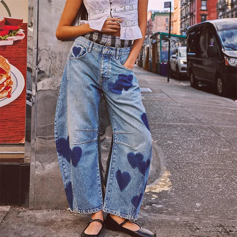 2024 Fashion Love Print Decoration Denim Pant Loose Straight Jeans Female Casual Midi Waist Trousers Trend Streetwear 250516Z