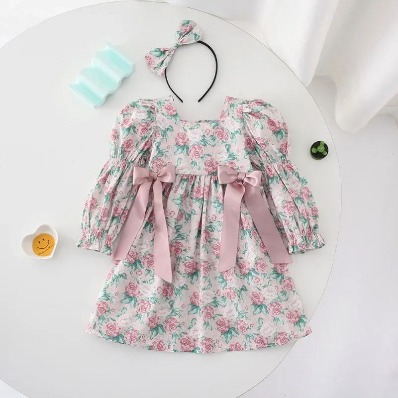 Family Matching Outfits Spring Long Puff Sleeves Floral Baby BodysuitSquare Collar Dress with Bowknot for Twins Girls H4408 250528