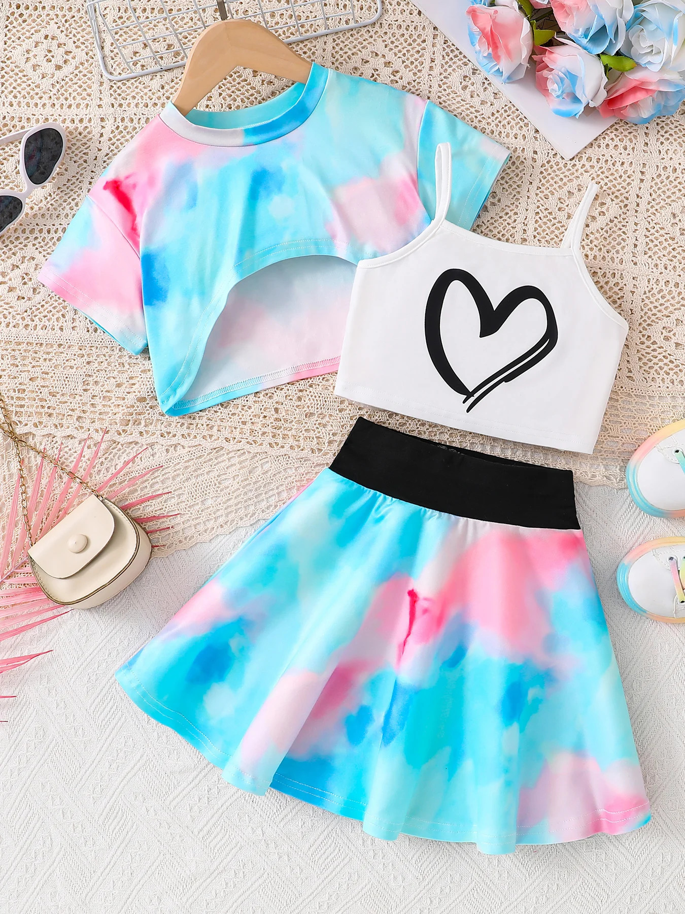 summer girls fashion cool and breathable heart pattern halter print knitted short sleeve skirt 3piece set 250528