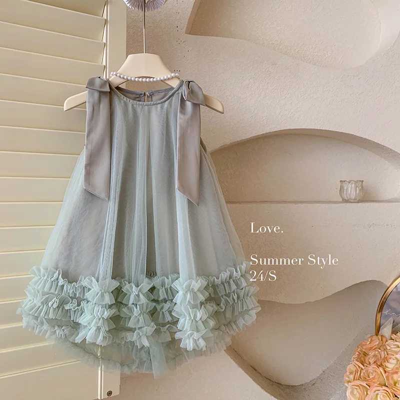 2024 Summer Korean Girls New Sleeveless Bow Solid Color Sweet and Gentle Princess Dress Childrens Trend X2505281