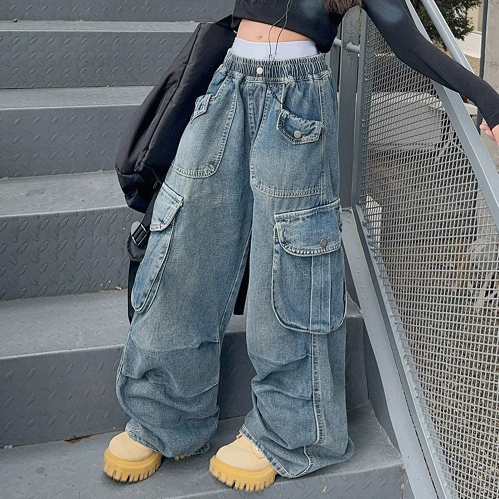 Girls Big Pocket Jeans Fashion Casual Workwear Wide Leg Pants Spring Summer Children Daily Comfy Oversized Trousers Kids Bottom 250528