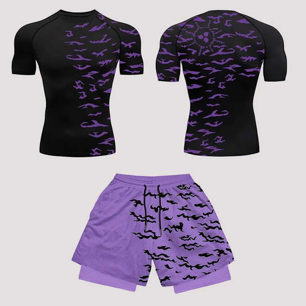 Mens Tracksuit Two Pieces Sets Anime Print Sport Suit Joggers T Shirt+shorts Mens breathable Casual Sportswear X250528