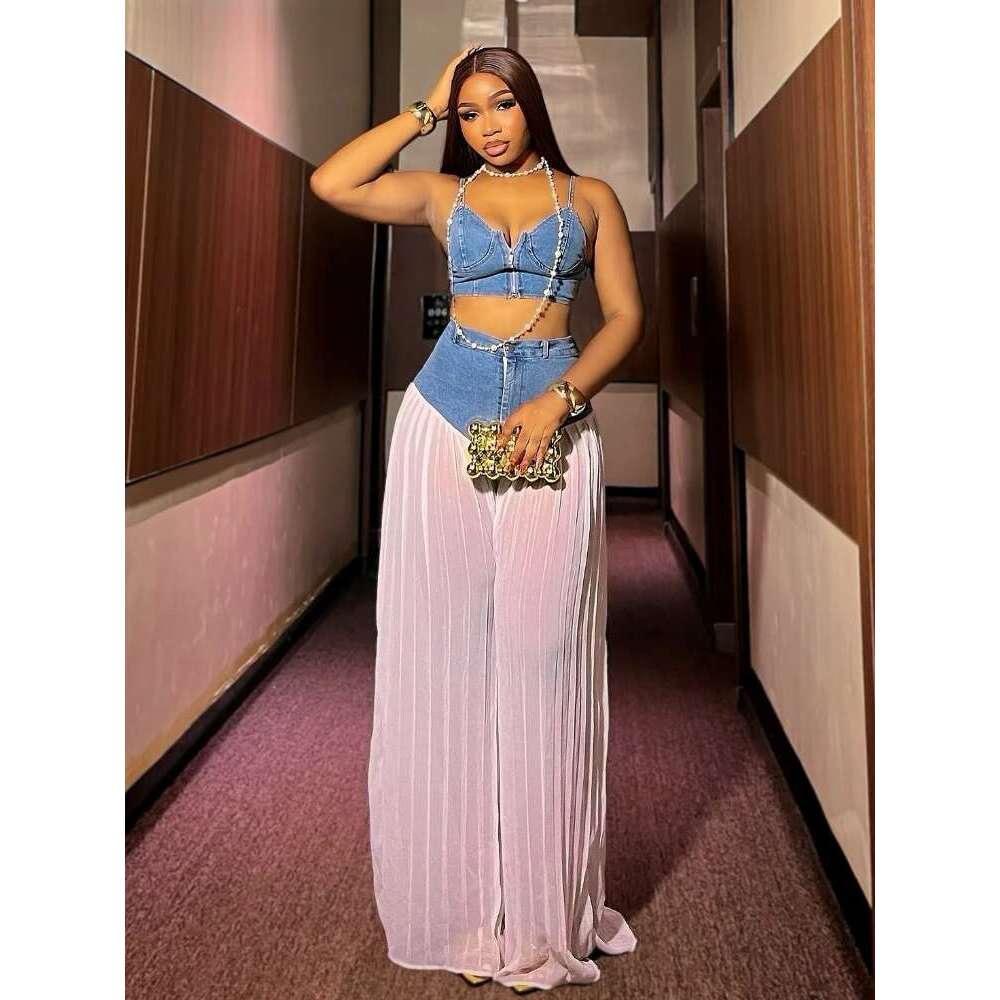 Fashion Denim Chiffon Women's Strapless Crop Top And Jeans Pants Suits 2025 Sexy Party Club Two 2 Piece Set Outfits