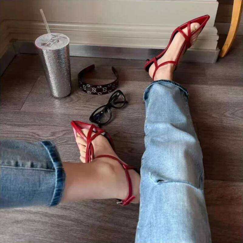 Women Sandal Summer New Fashion Narrow Band Ladies Gladiator Thin Low Heel Ankle Strap Dress Party Shoes